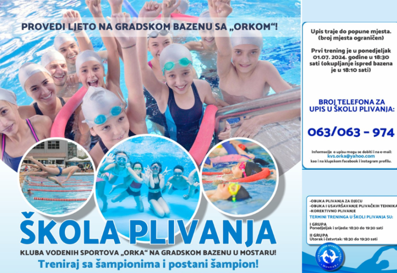 Kluba vodenih sportova "ORKA" organizira LJETNU ŠKOLU PLIVANJA na Gradskom bazenu u Mostaru!